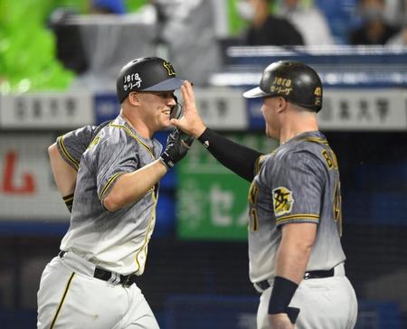 ４回、満塁弾を放ち生還、阪神・サンズ（左）はボーアの祝福を受ける＝神宮（撮影・飯室逸平）