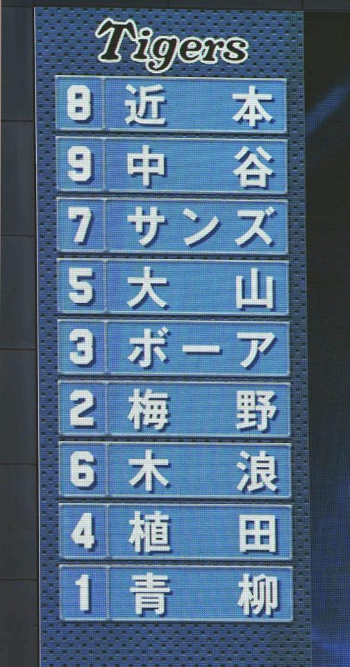 阪神のスタメン＝横浜スタジアム（撮影・飯室逸平）