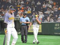 　７回、満塁の場面で見逃し三振に倒れる中谷（左手前）と選手交代を告げる矢野監督