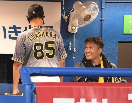 ６回を投げ終え、福原投手コーチ（左）に笑顔を見せる阪神・秋山＝神宮球場（撮影・中田匡峻）