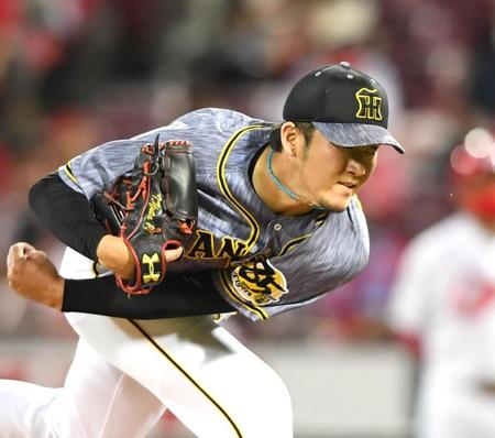 ７回、力投する阪神・岩貞祐太＝マツダスタジアム（撮影・飯室逸平）