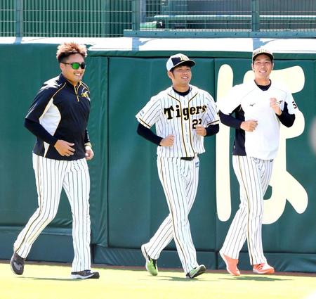 　外野をランニングする（左から）秋山、高橋、青柳