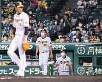 ５回、投手交代のためベンチを出る阪神・矢野燿大監督。左は阪神・藤浪晋太郎＝甲子園（撮影・田中太一）
