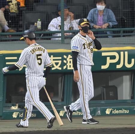 ６回の攻撃を終え、選手交代を告げにベンチを出る矢野監督。左は三振に倒れた近本