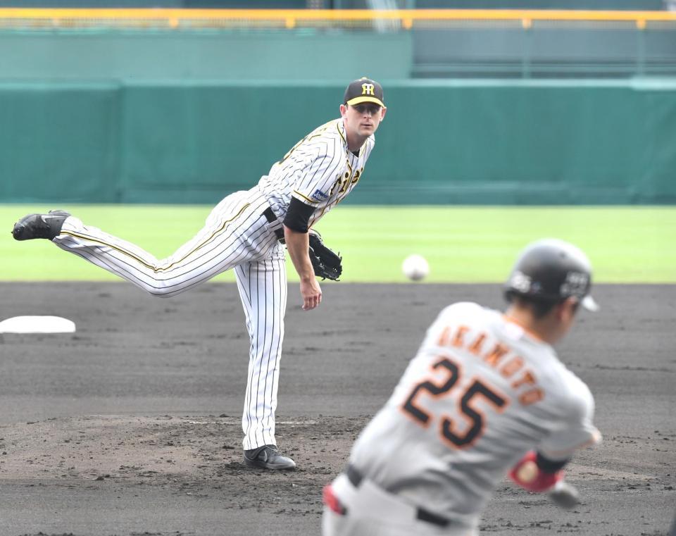 ２回、巨人・岡本を左飛に斬る阪神・ガンケル（撮影・飯室逸平）