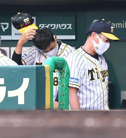 　ベンチで頭をかく矢野監督　