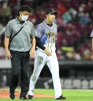 ３回、広島・鈴木の打球を左足に当てた阪神・青柳はトレーナーと一緒にベンチへ下がる＝マツダスタジアム（撮影・田中太一）