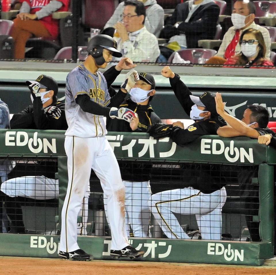 ６回、同点のホームを踏み、ナインの祝福を受ける阪神・小幡＝マツダスタジアム（撮影・高部洋祐）