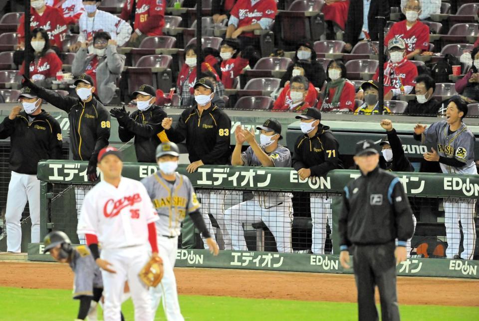 ８回、阪神・原口の同点打にわき上がる阪神・矢野監督（左から２人目）ら阪神ベンチ（撮影・高部洋祐）