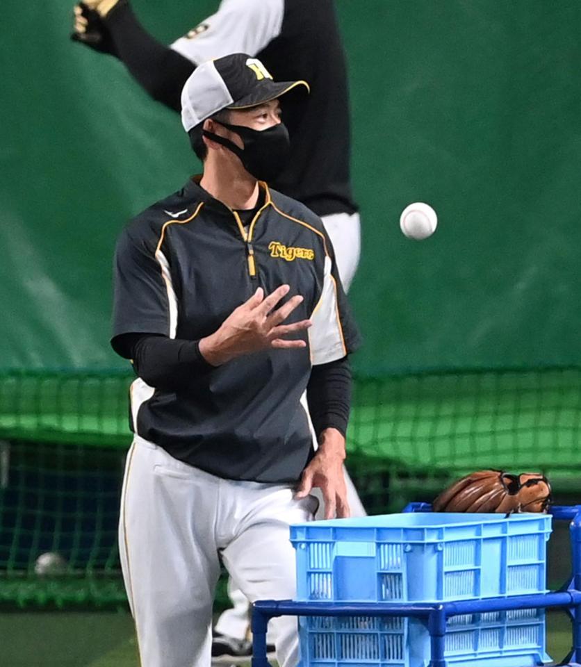 　ノッカーにボールを渡す矢野監督（撮影・飯室逸平）