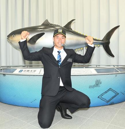 阪神から１位指名を受け、近大マグロの前でプロでの活躍を誓う近畿大学・佐藤輝明＝大阪・近畿大学（撮影・飯室逸平）