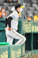 ８回途中、選手交代を告げにベンチを出る阪神・矢野監督＝甲子園（撮影・北村雅宏）