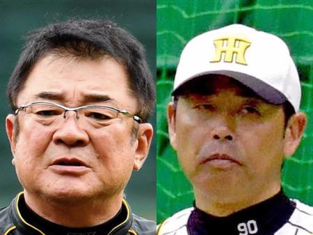 阪神の高代延博２軍チーフコーチ（左）と、香田勲男２軍投手コーチ