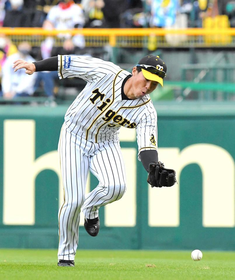 ４回、ヤクルト・エスコバーの放った飛球を落球する阪神・陽川（撮影・北村雅宏）