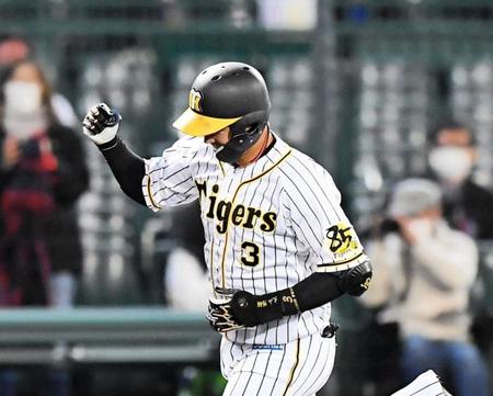 ９回、サヨナラソロを放った阪神・大山はガッツポーズでベースを周る＝甲子園（撮影・北村雅宏）