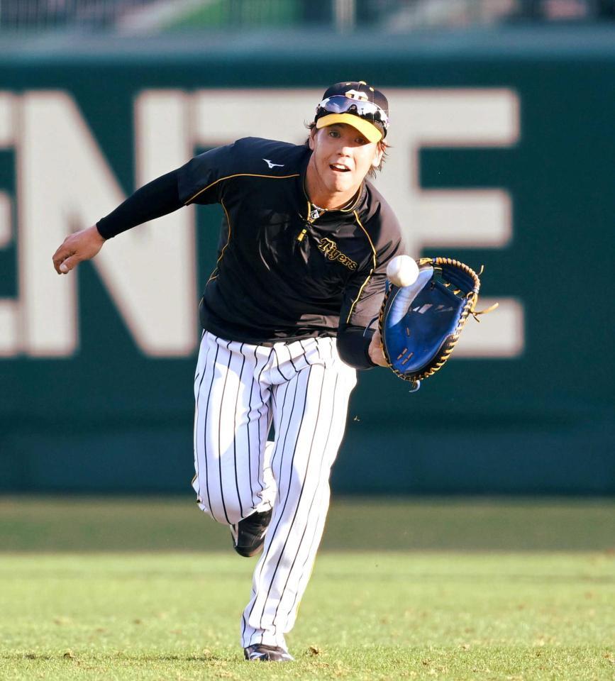 　ハツラツとノックを受ける梅野（撮影・飯室逸平）