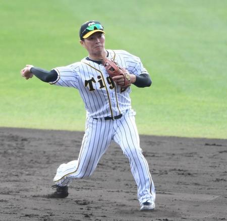 二塁を守り、３０個目のアウトをとる阪神・北條史也＝甲子園（撮影・田中太一）