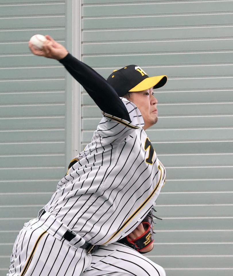 　ブルペンで投球練習する阪神・西純矢