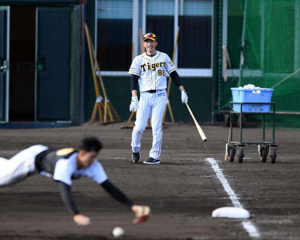 　小幡にノックをする矢野監督（撮影・山口登）