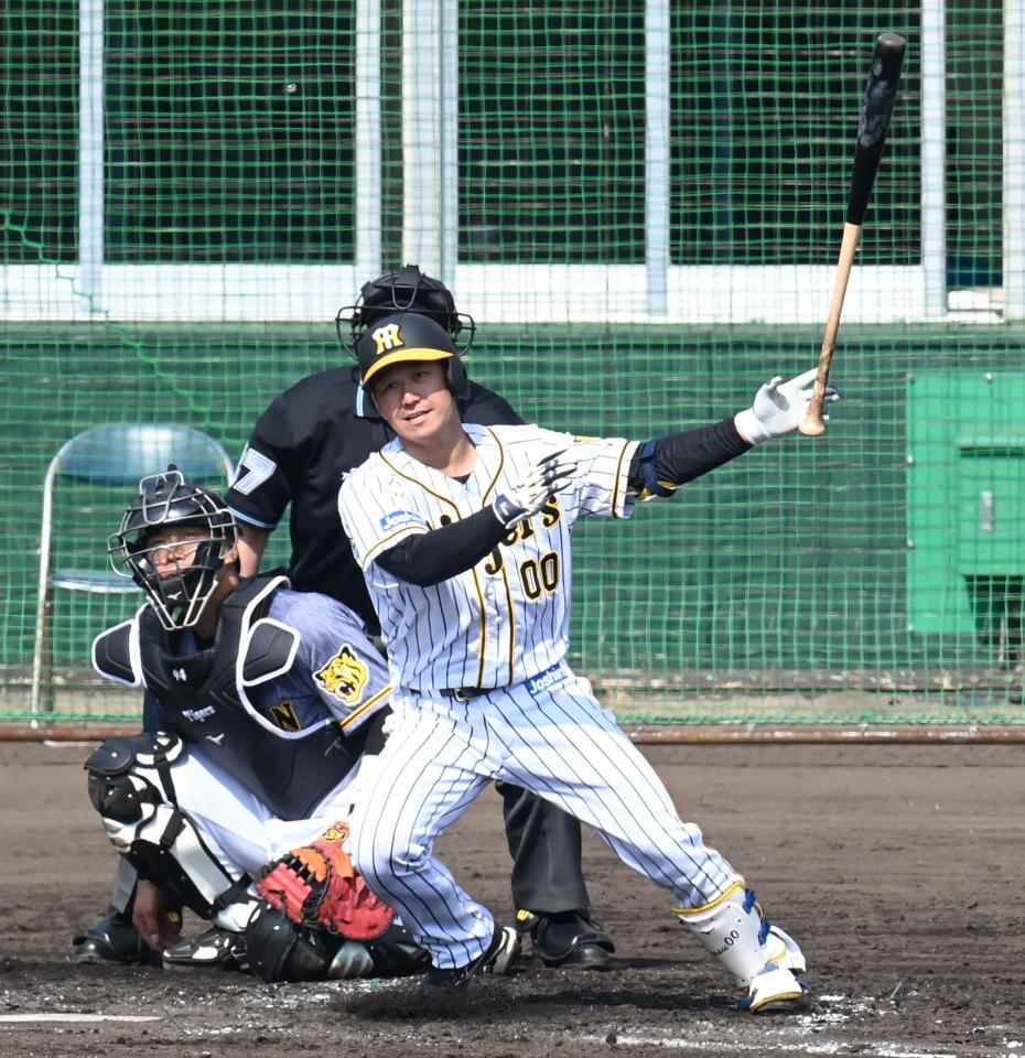 ３回、タイムリー二塁打を放つ阪神・山本泰寛＝宜野座（撮影・飯室逸平）