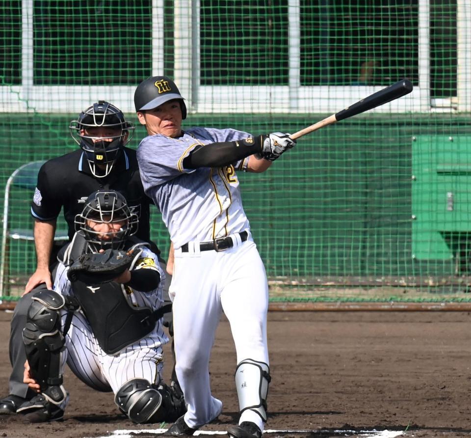 ６回、ソロを放つ阪神・小野寺暖＝宜野座（撮影・飯室逸平）
