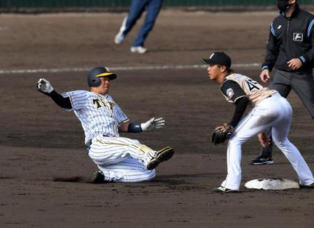 　７回、佐藤輝は右翼線に適時二塁打を放ち滑り込む（撮影・山口登）
