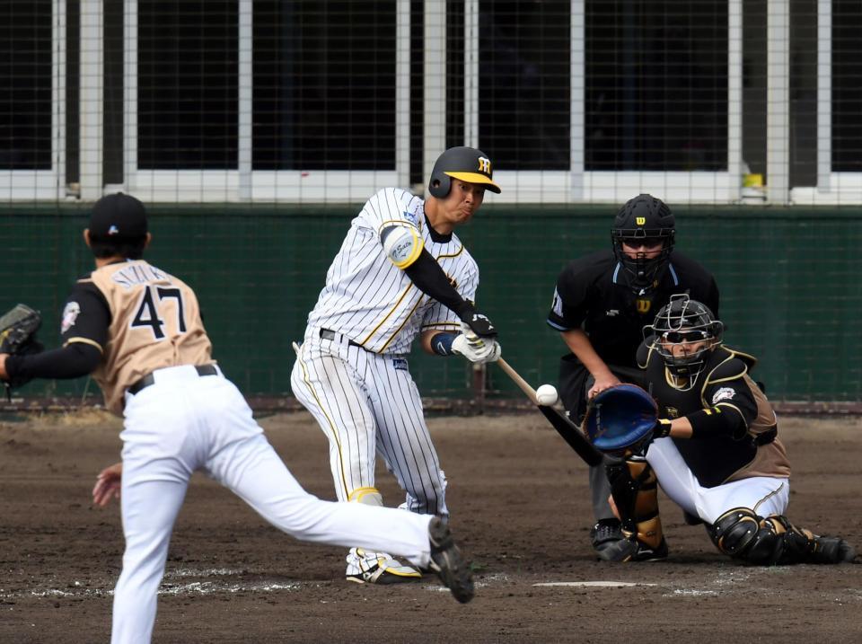 ５回阪神無死一塁、阪神・佐藤輝明は右越えに逆転２ランを放つ（投手　日本ハム・鈴木、捕手　日本ハム・宇佐見）＝宜野座（撮影・山口登）