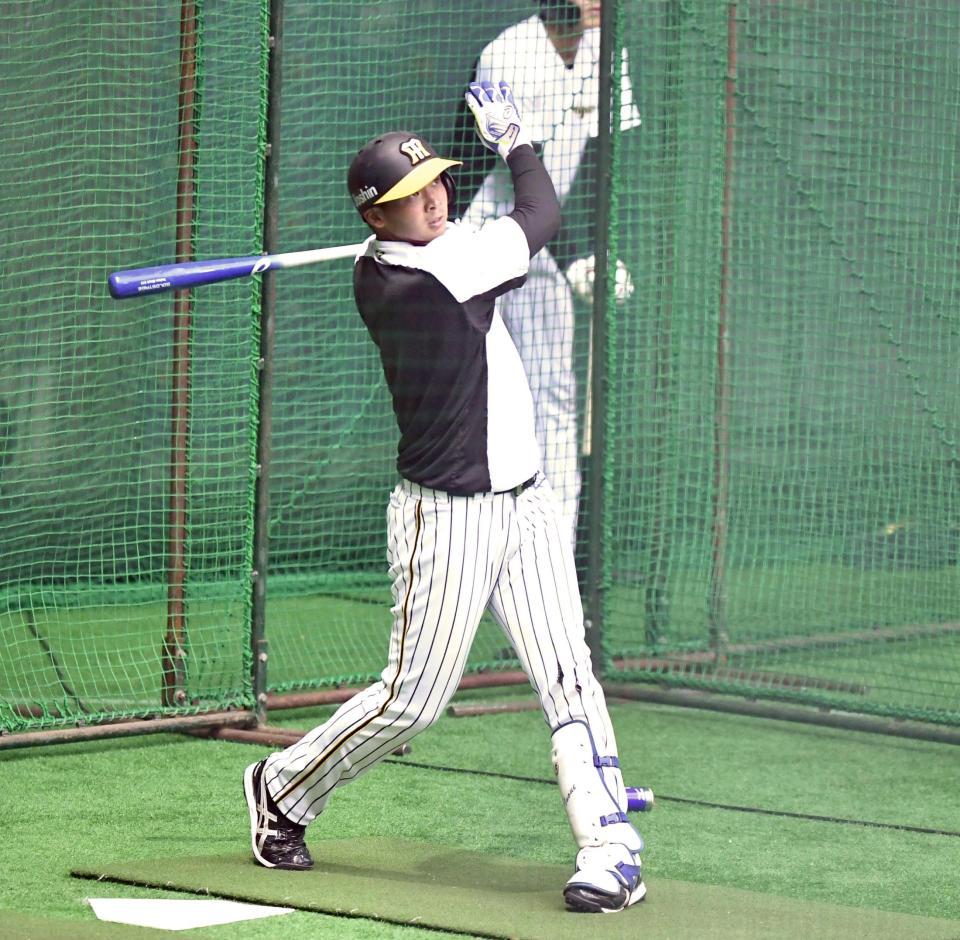 　広島戦へ向け室内で打撃練習する井上（撮影・高石航平）