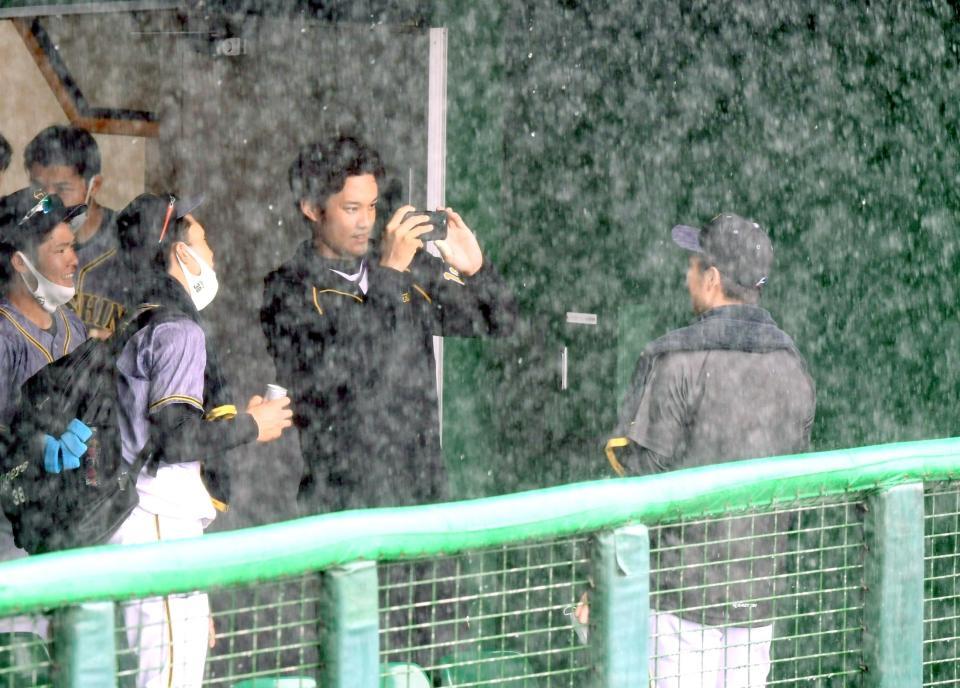 　試合開始直前に降り出した豪雨。藤浪（中央）はスマートフォンで先発予定の青柳（右）を写真に納める