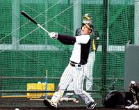 　打撃練習で、佐藤輝は声を出しフルスイングする