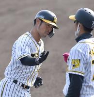 ７回裏阪神１死、左中間にソロを放ち、田中三塁コーチ（右）とタッチをする江越大賀＝安芸（撮影・佐々木彰尚）