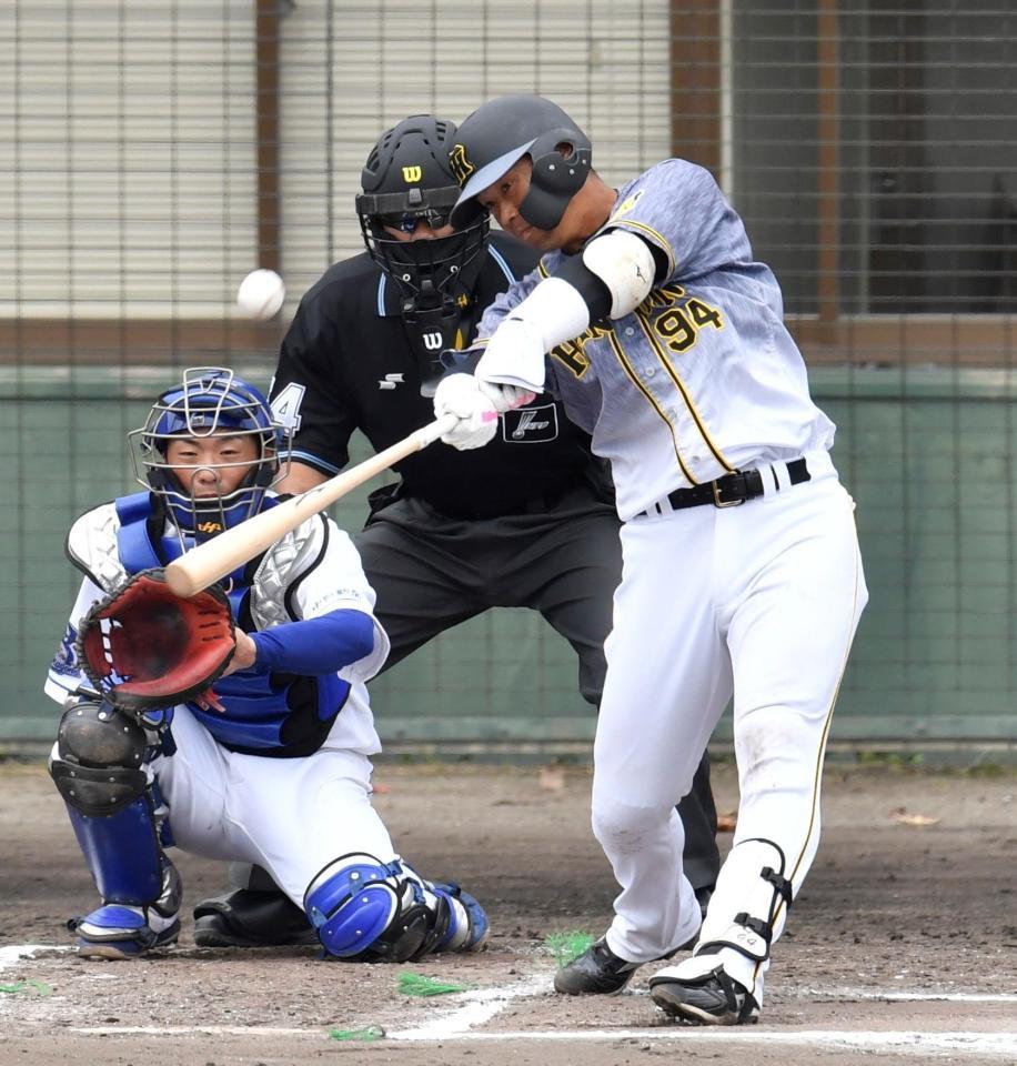 　６回、左越えへソロを放つ阪神・原口文仁（撮影・田中太一）