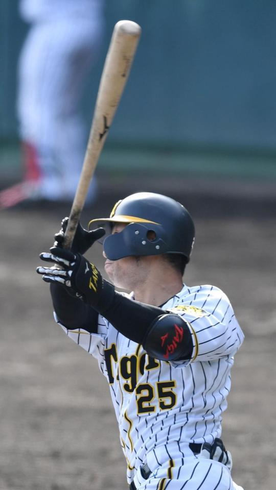 ７回裏阪神１死、江越大賀は左中間にソロを放つ＝安芸（撮影・佐々木彰尚）