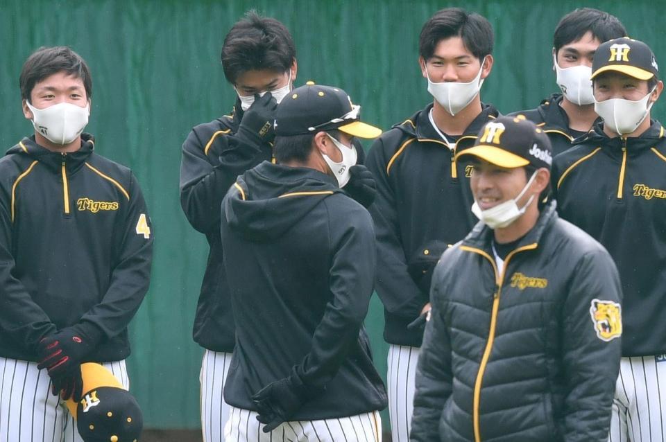 声出しをする阪神・長坂拳弥（背中）＝撮影・佐々木彰尚