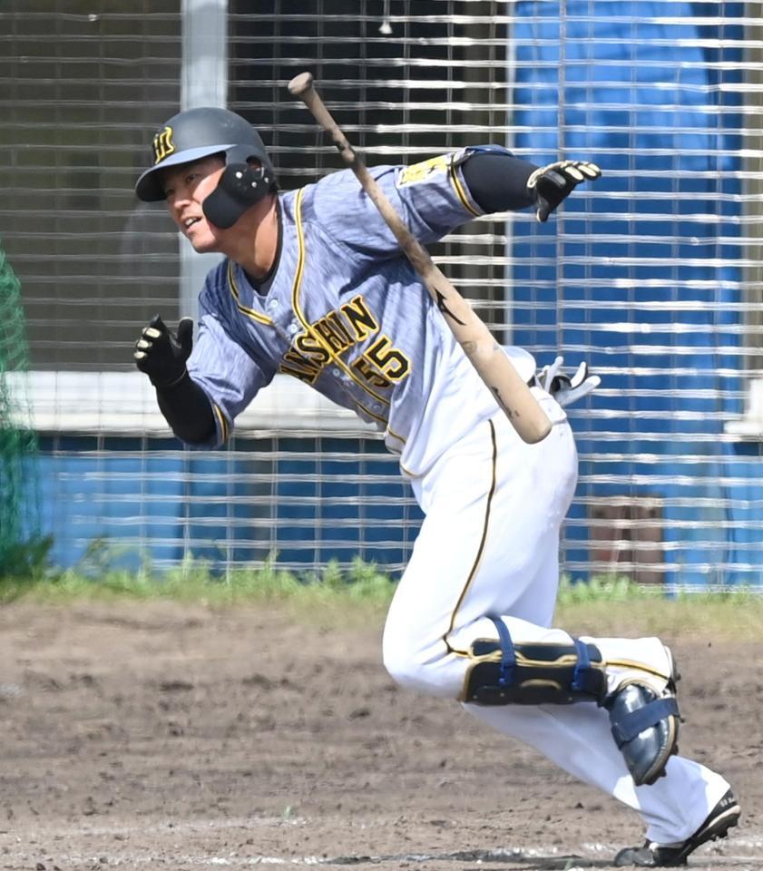 ５回、中前打を放つ阪神・陽川尚将＝浦添（撮影・飯室逸平）