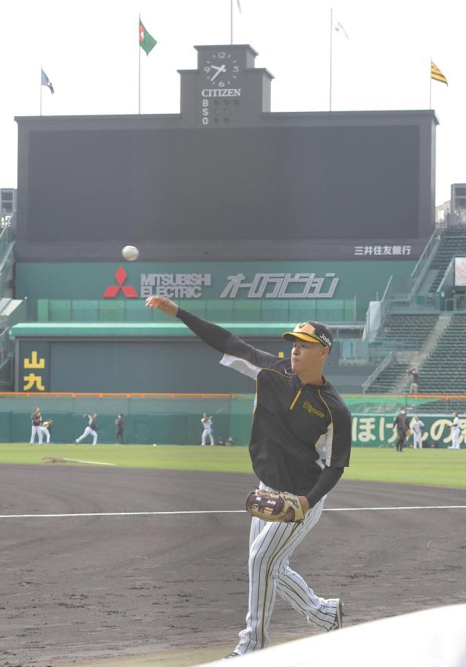 　聖地でキャッチボールをする佐藤輝（撮影・高部洋祐）