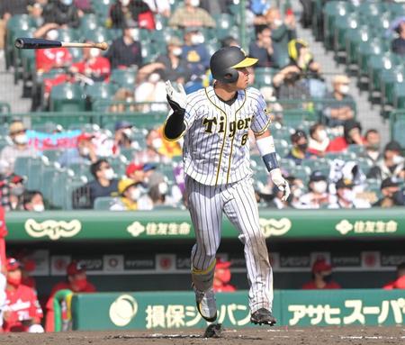 　５回、左中間に２ランを放ちバットを放り投げる佐藤輝（撮影・高部洋祐）