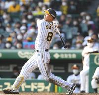 　５回、左越えへ２ランを放つ佐藤輝（撮影・田中太一）
