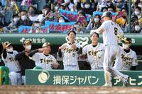 　５回、２ランを放った佐藤輝（右手前）を“ゴリラポーズ”で迎える近本（中央）らナイン