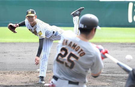 　２回、岡本（手前）を右飛に打ち取る先発の及川（撮影・田中太一）