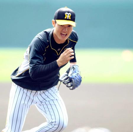 　ノックで気合を入れる阪神・西純（撮影・田中太一）