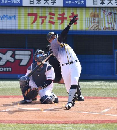 　４回、左中間にソロを放つマルテ（撮影・高石航平）