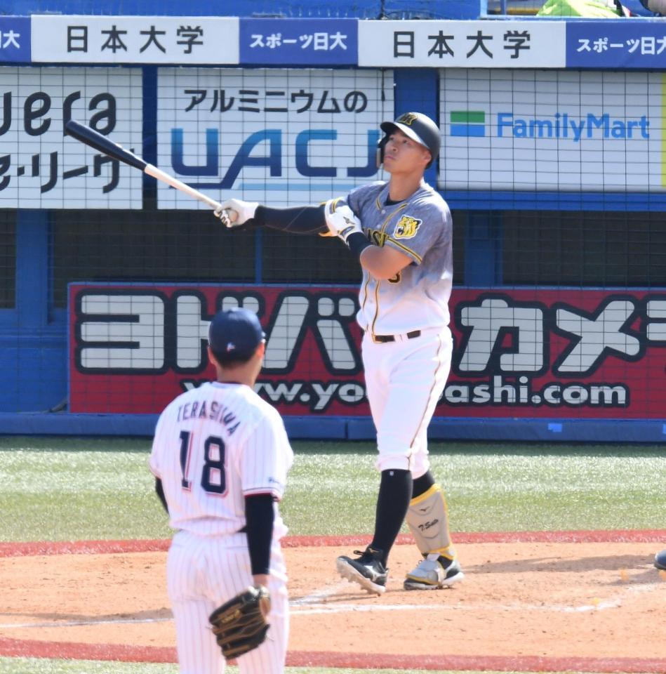 　４回、右越えに２ランを放つ佐藤輝（撮影・高石航平）