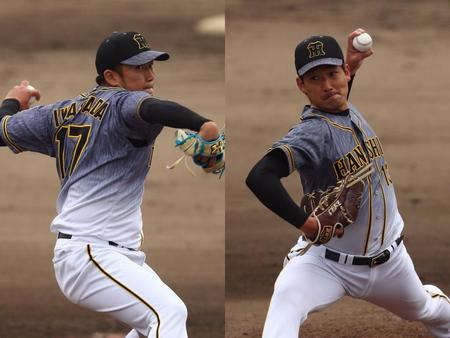 　２番手で登板した岩貞（左）と３番手で登板した岩崎