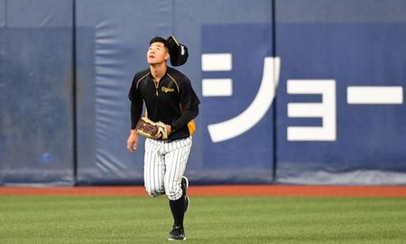 　試合前、帽子を飛ばしながら飛球を追う佐藤輝（撮影・北村雅宏）