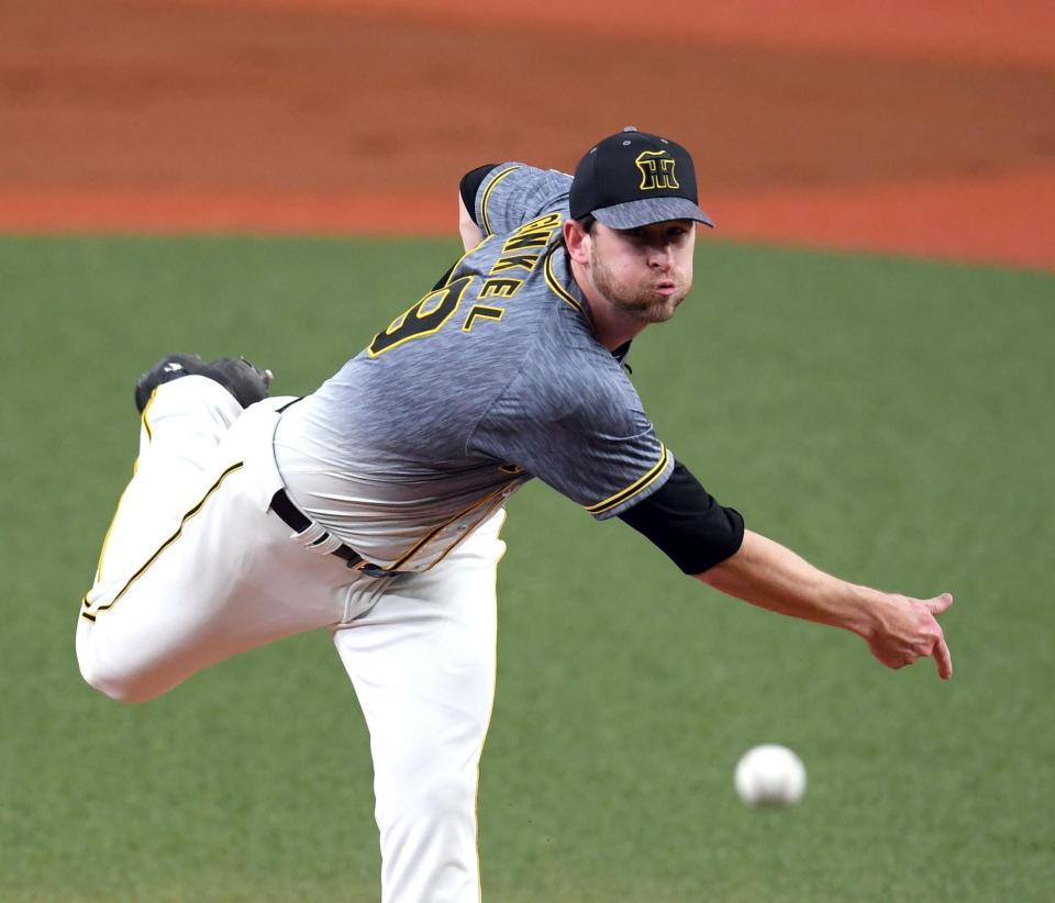 　先発し力投する阪神ジョー・ガンケル（撮影・山口登）