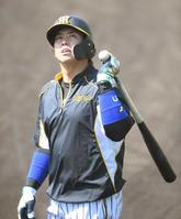 　打撃練習待つ間、空を見上げる梅野