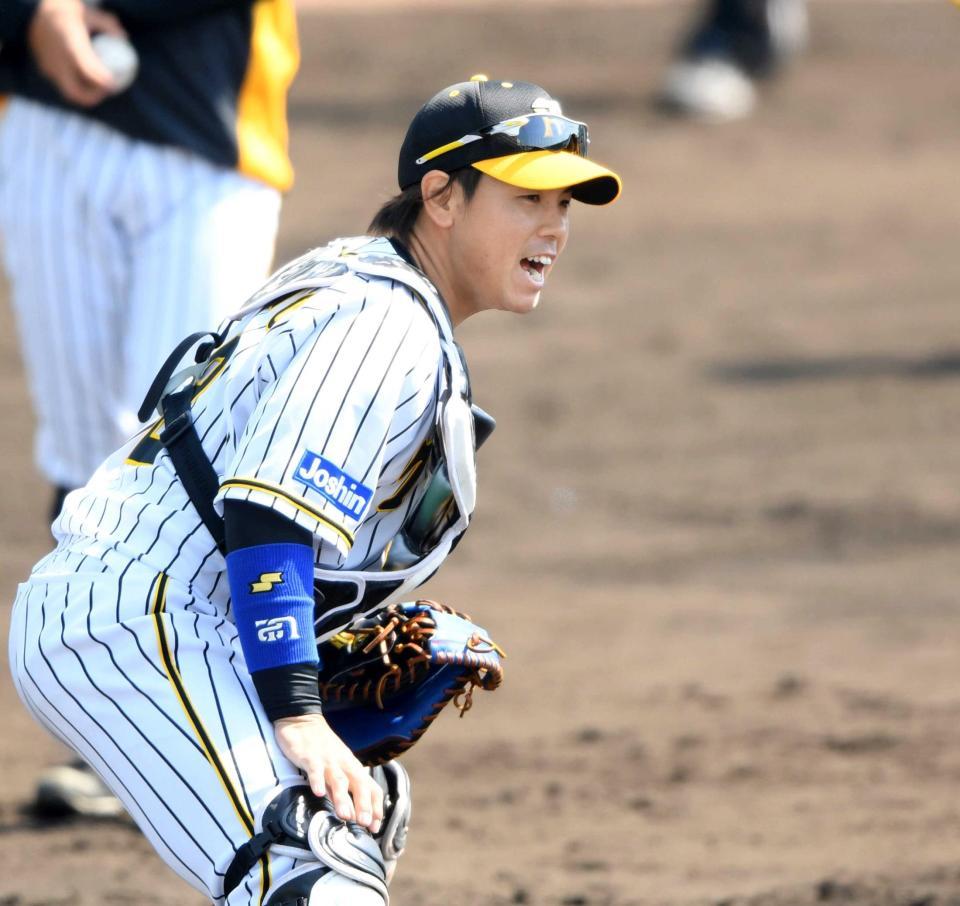 　シートノックで声を張り上げる梅野