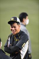 練習中、ひと息入れる阪神・佐藤輝＝神宮（撮影・田中太一）