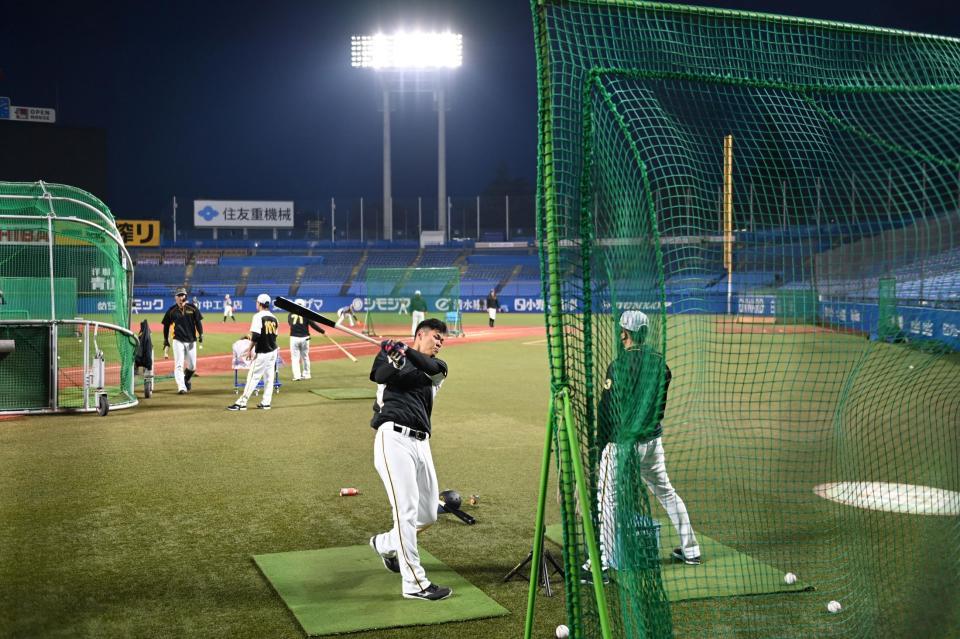 ナイター照明を背にバットを振る阪神・佐藤輝＝神宮（撮影・田中太一）